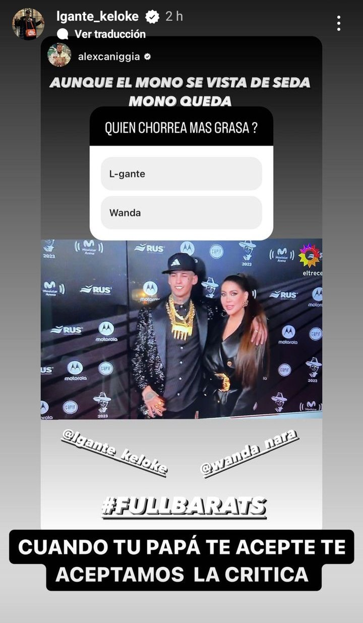 La polémica opinión de Alex Caniggia sobre L-Gante y Wanda Nara.