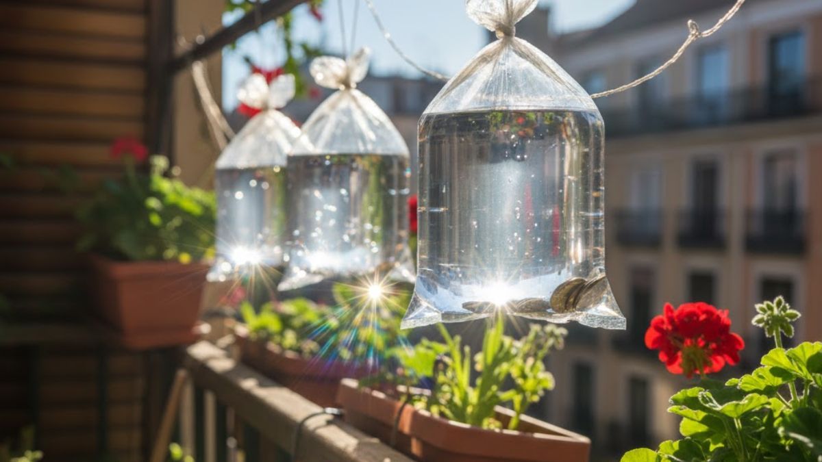 Colgar bolsas con agua en el balcón.