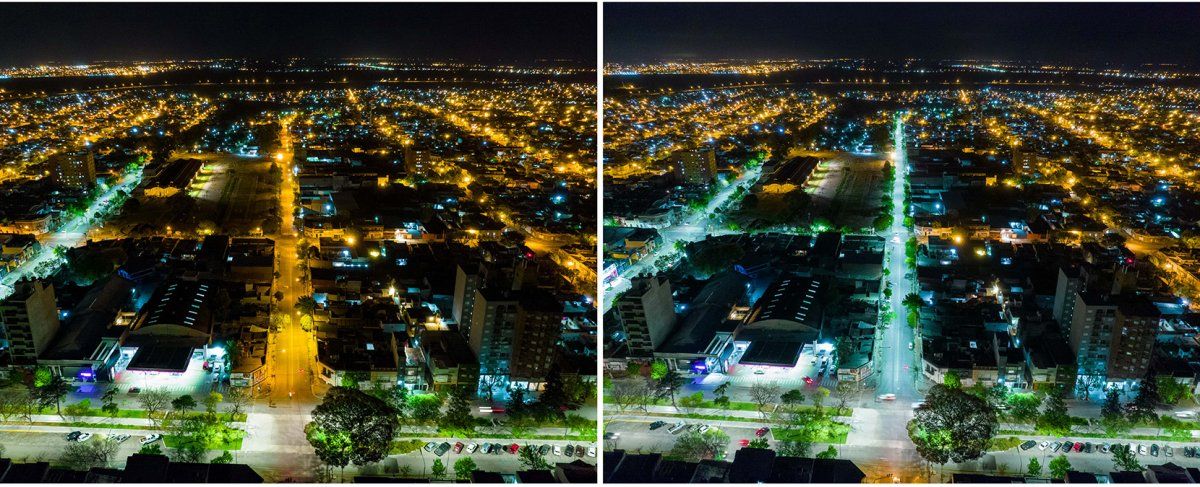 El tramo de Monseñor Zaspe desde Avenida Freyre hacia el oeste, con las viejas y las nuevas luces.