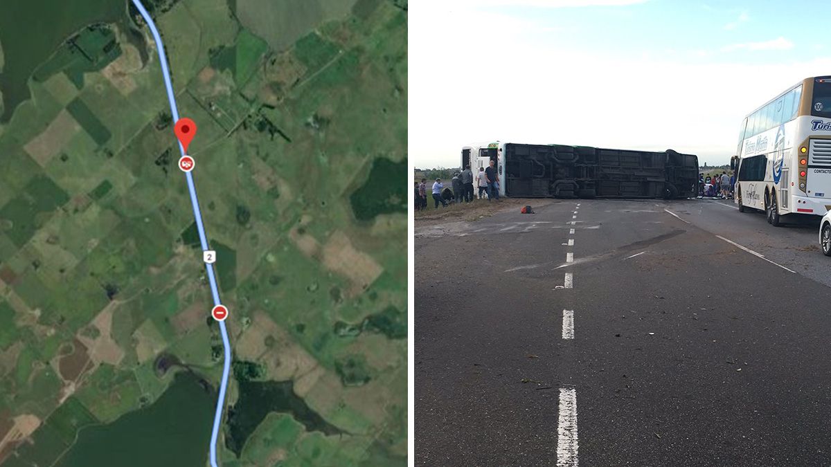 El lugar donde volcó el micro en la ruta 2 con los chicos que viajaban como egresados