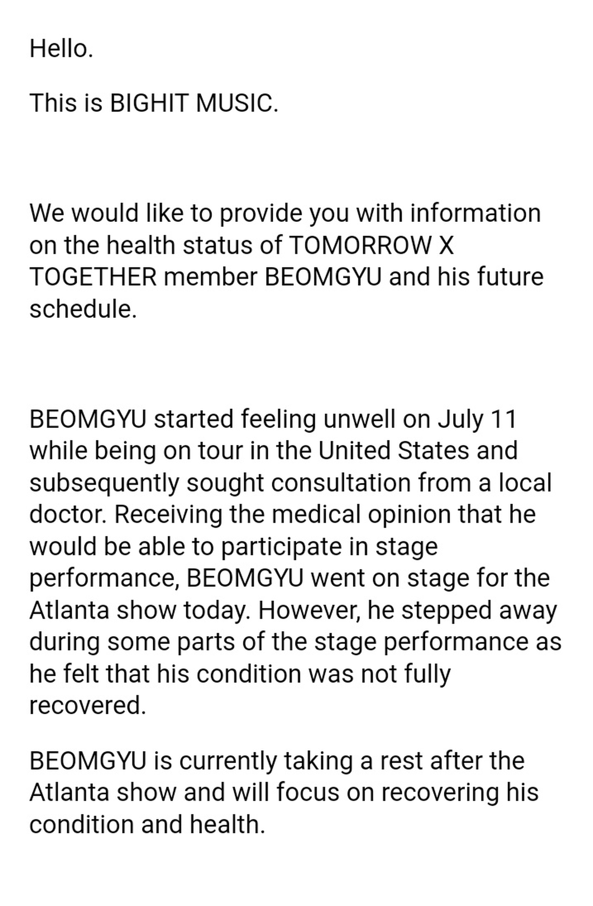 Big Hit Music actualiza sobre el estado de salud de Beomgyu de TXT.