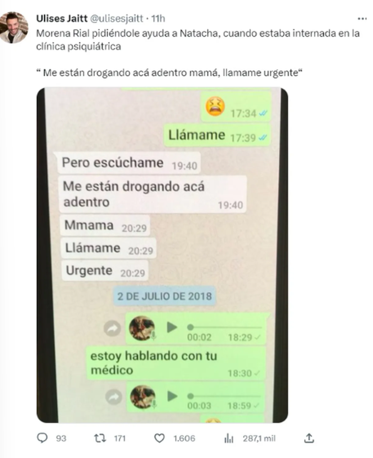 Ulises Jaitt reveló las conversaciones que tuvo Natacha con More Rial. (Captura de Twitter)