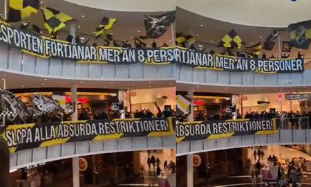 Hinchas del AIK de Suecia protestaron en un shopping por la ridícula medida del gobierno de limitar la capacidad en los estadios de fútbol. Hinchas del AIK de Suecia protestaron en un shopping por la ridícula medida del gobierno de limitar la capacidad en los estadios de fútbol.