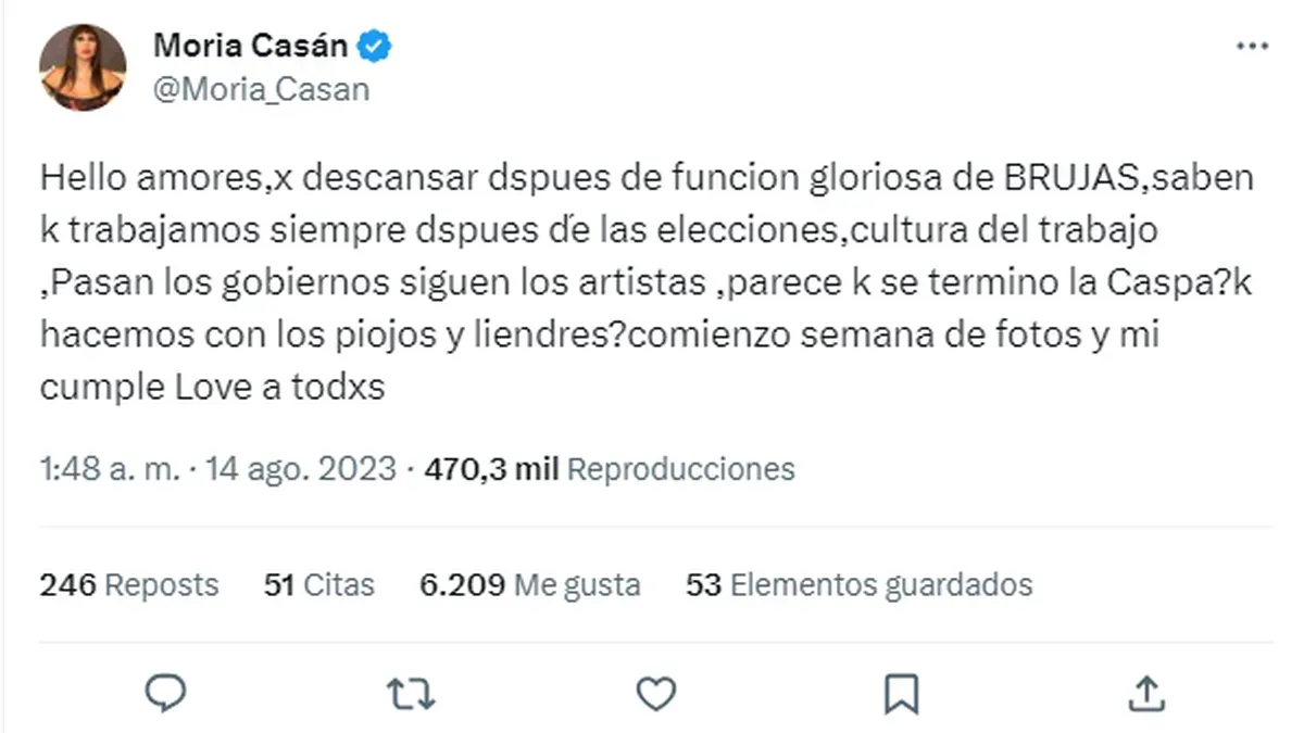 El irónico mensaje de Moria Casán tras la victoria de Javier Milei en las PASO 2023. El irónico mensaje de Moria Casán tras la victoria de Javier Milei en las PASO 2023.