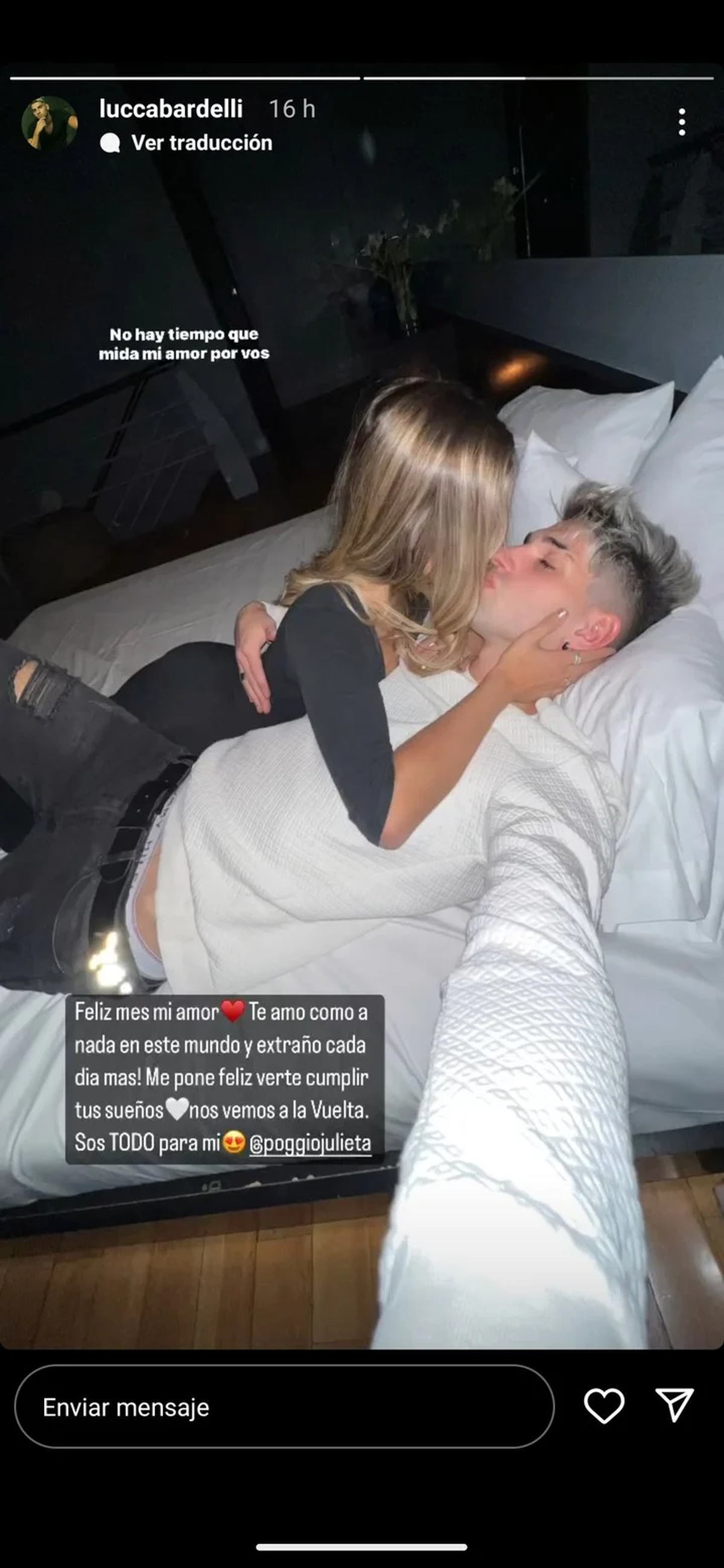 El mensaje del novio de Julieta tras los fuertes rumores de infidelidad. (Captura de Instagram: @luccabardelli)