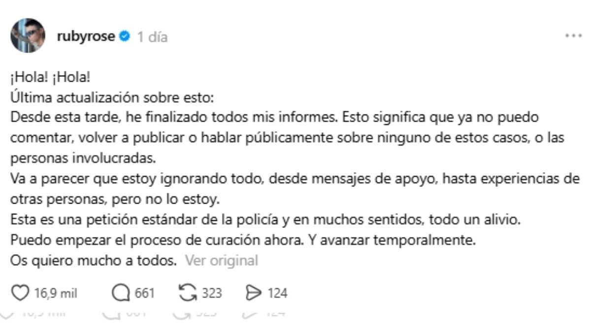 Ruby Rose aclaró que realizó un reporte y que ya no hablaría del tema. Ruby Rose aclaró que realizó un reporte y que ya no hablaría del tema. 