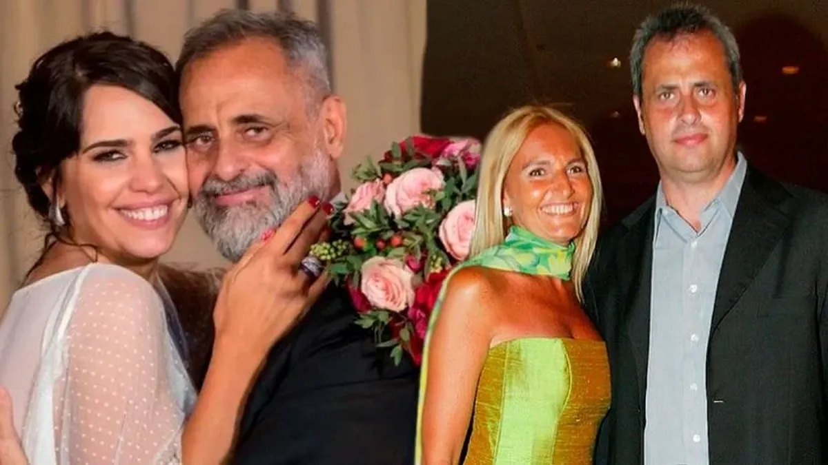Jorge Rial con Romina Pereiro y con Silvia D'Auro, su primera esposa.