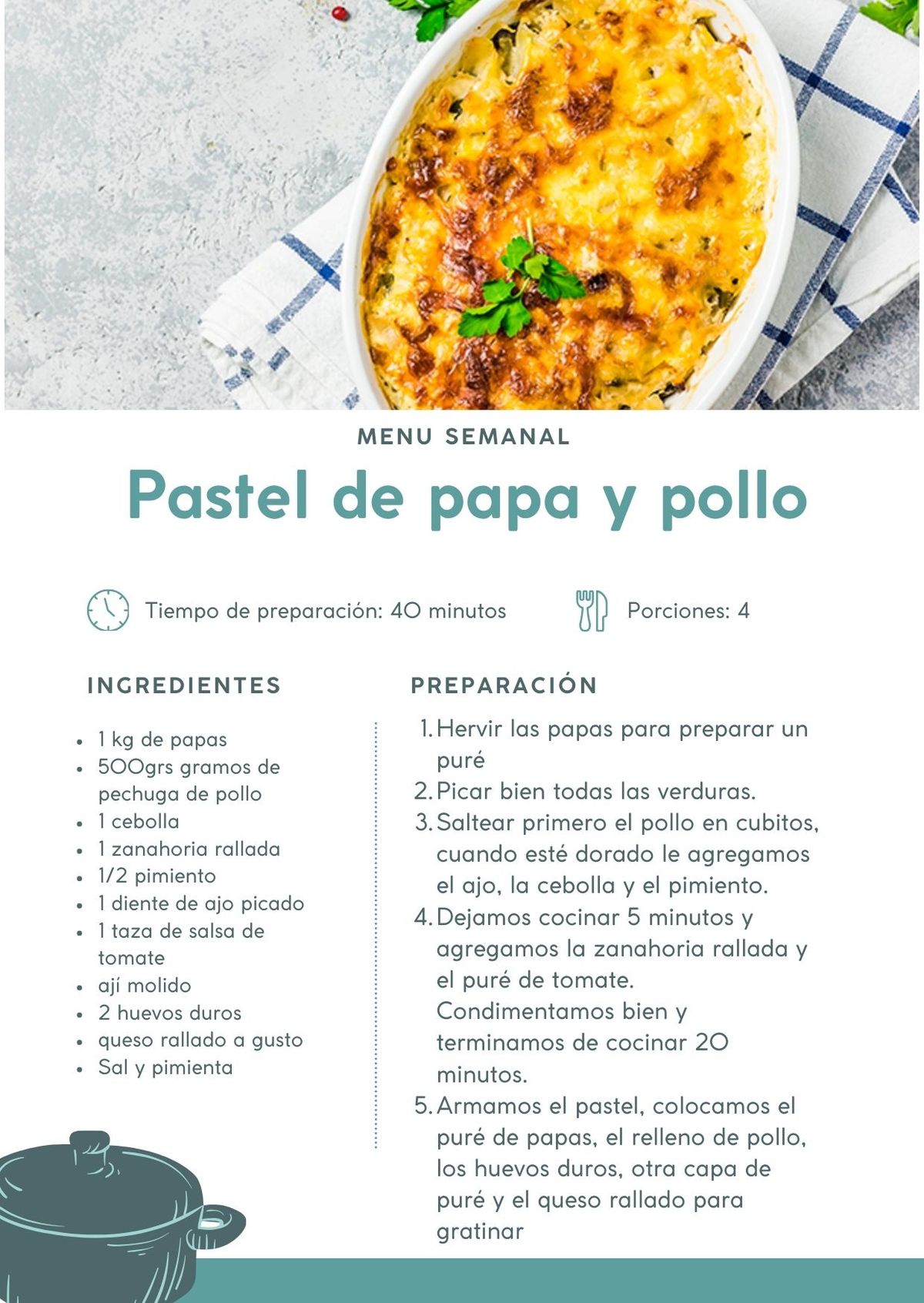 Receta de pastel de papa y pollo. Receta de pastel de papa y pollo.