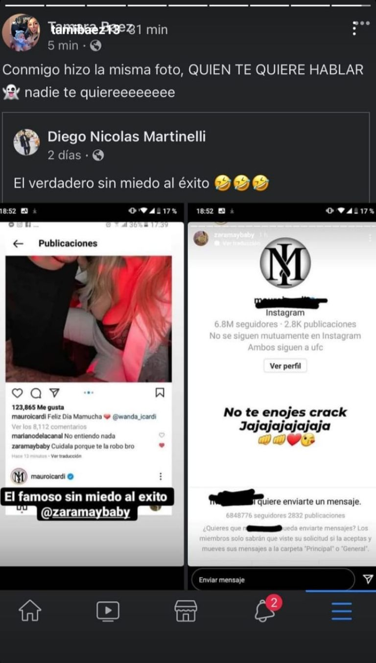 Zaramay fue escrachado en redes por Tamara B&aacute;ez.&nbsp;