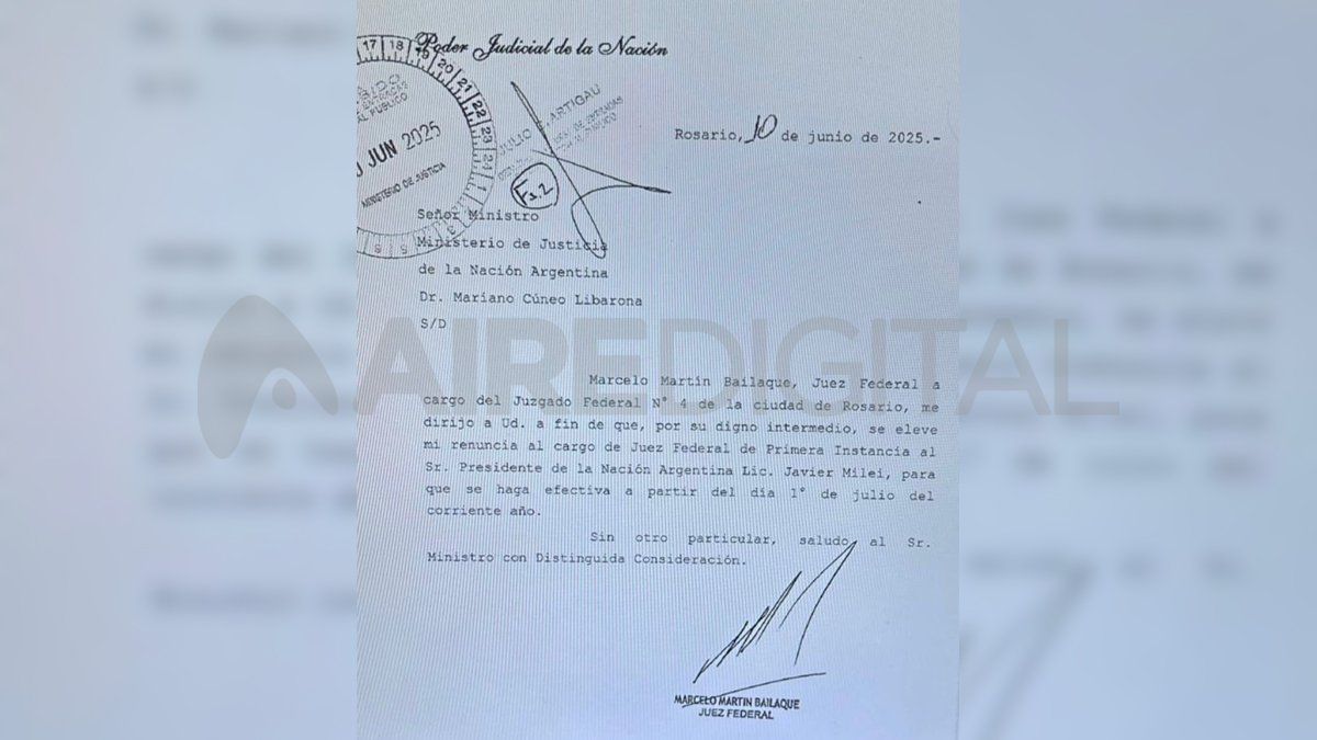 El juez Marcelo Bailaque presentó su renuncia al cargo en Rosario, pero su salida aún depende de la aceptación del presidente Javier Milei. El juez Marcelo Bailaque presentó su renuncia al cargo en Rosario, pero su salida aún depende de la aceptación del presidente Javier Milei.