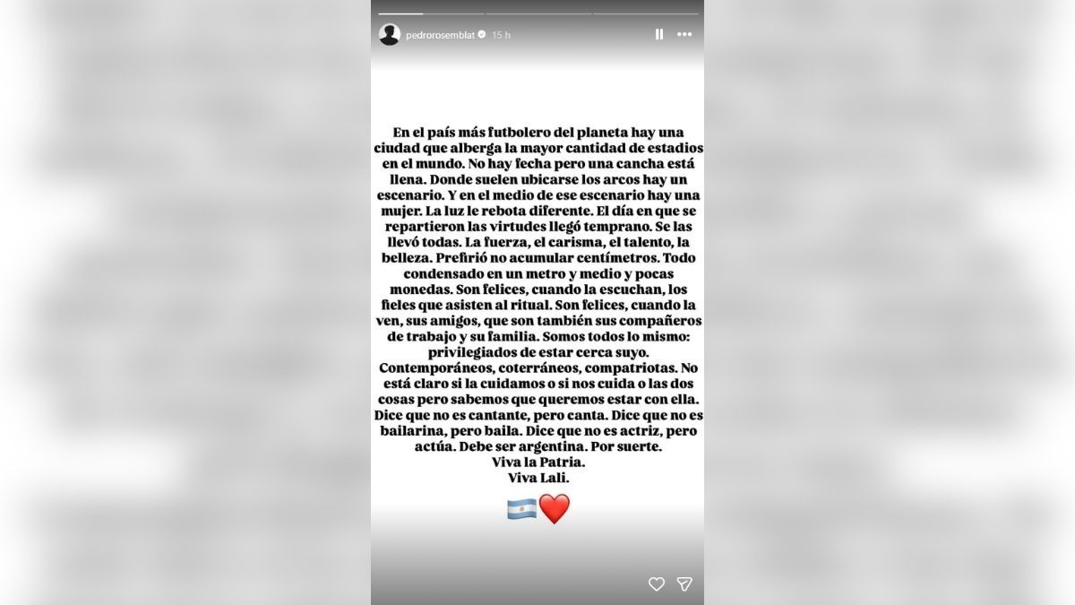 Pedro Rosemblat elogió a Lali Espósito a través de una historia en Instagram. Pedro Rosemblat elogió a Lali Espósito a través de una historia en Instagram. 