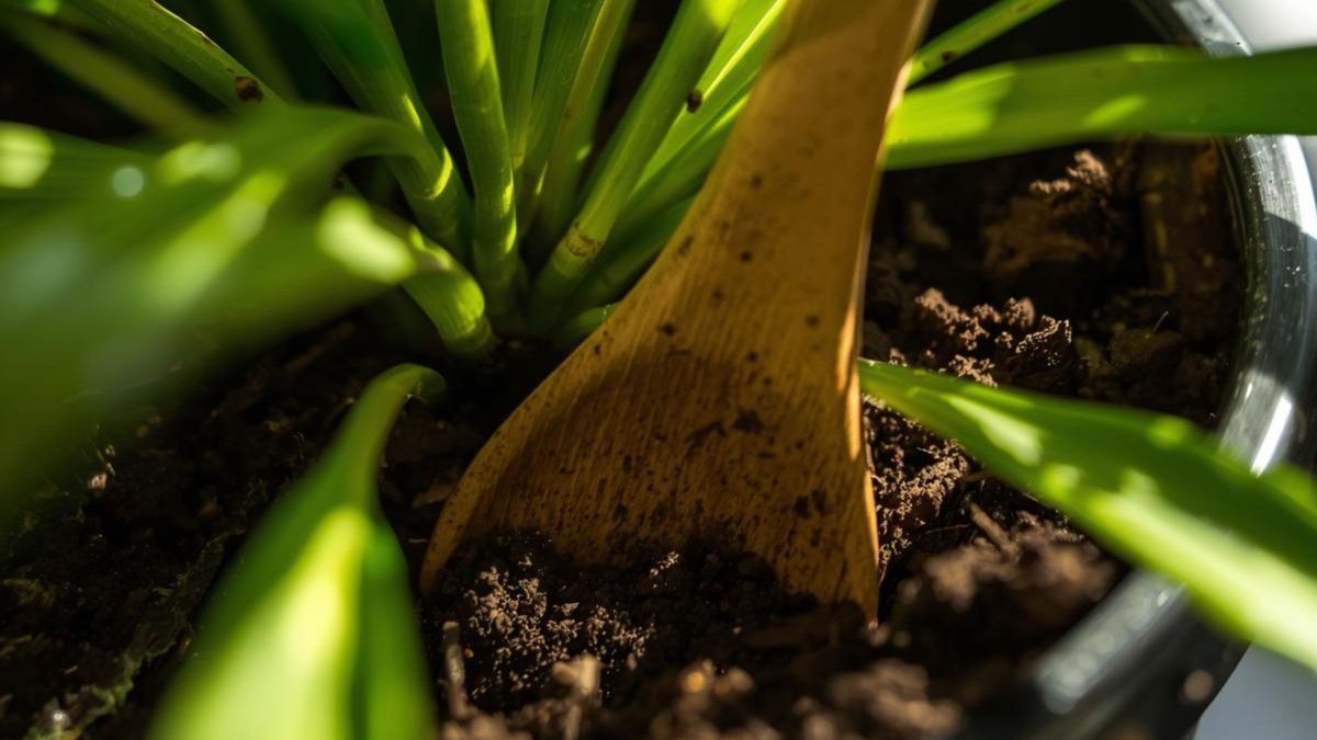 La cuchara de madera act&uacute;a como indicador natural de humedad del sustrato.