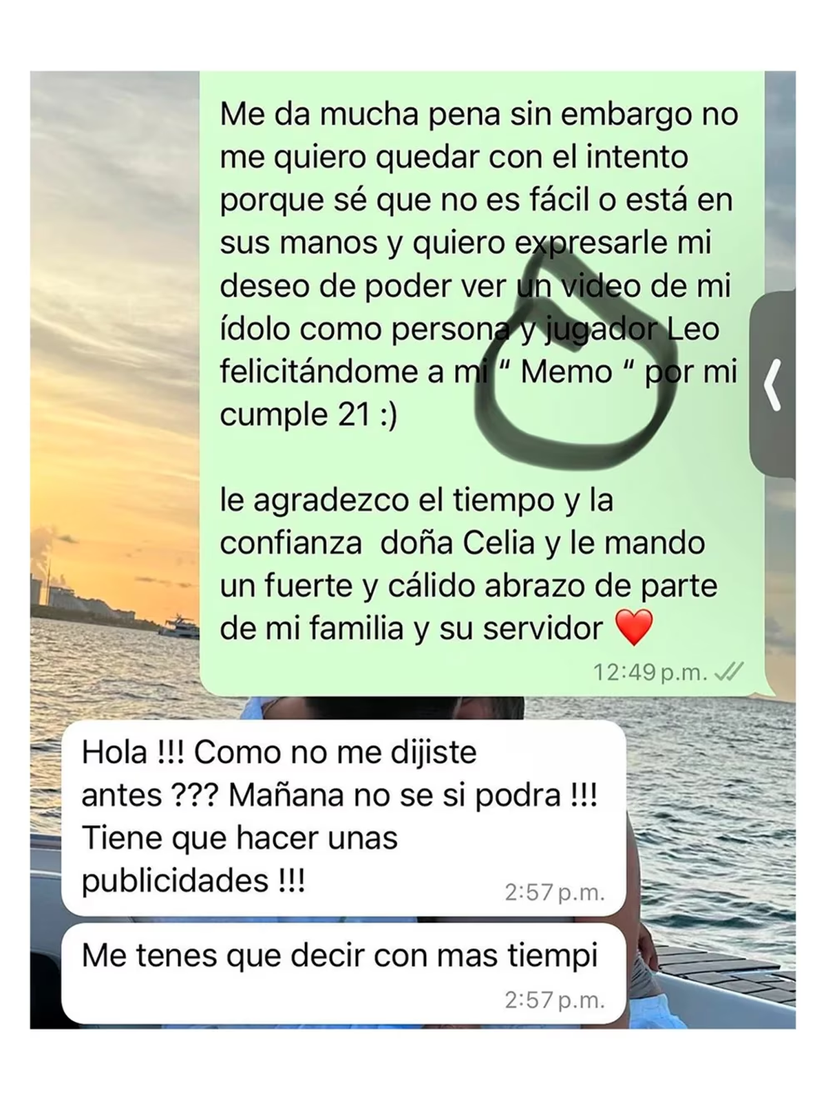 El chat del joven que le pidió el saludo a Lionel Messi y Celia, la madre del capitán argentino. El chat del joven que le pidió el saludo a Lionel Messi y Celia, la madre del capitán argentino.