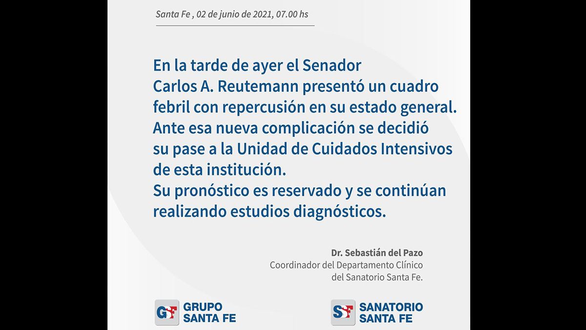 El nosocomio donde el exgobernador Reutemann permanece internado emitió un comunicado en el que brindó detalles sobre su estado de salud.