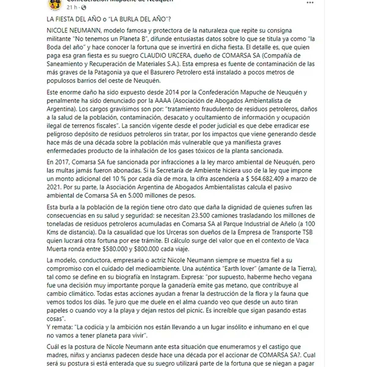 El fuerte comunicado de los mapuches contra el casamiento de Nicole Neumann y Manu Urcera.