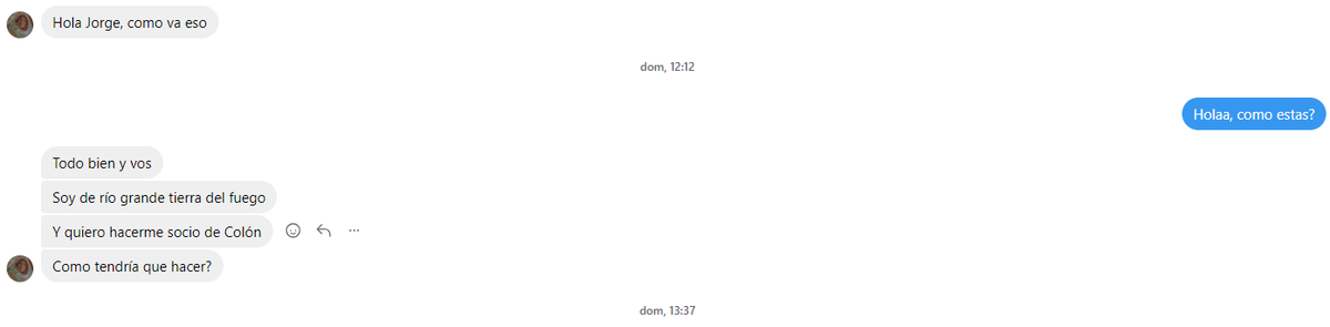 Captura de pantalla de unos de los mensajes de los hinchas averiguando como hacerse socio de Colón. Captura de pantalla de unos de los mensajes de los hinchas averiguando como hacerse socio de Colón.