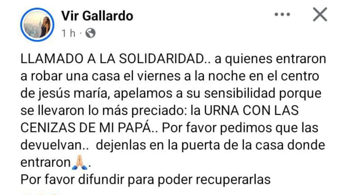 El pedido que Virginia hizo en sus redes sociales tras el robo en su casa de Jesús María. El pedido que Virginia hizo en sus redes sociales tras el robo en su casa de Jesús María. 