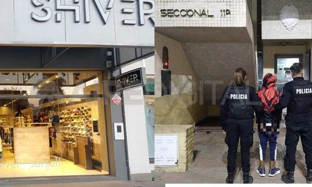 El negocio con la vidriera rota y, a la derecha, el momento en que los policías trasladaban al menor a la Comisaría N° 11. El negocio con la vidriera rota y, a la derecha, el momento en que los policías trasladaban al menor a la Comisaría N° 11.