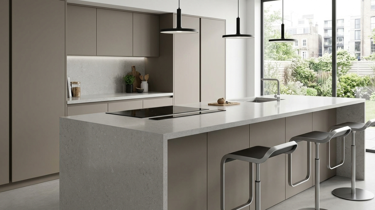 Esta imagen muestra una isla central que es el núcleo de la cocina. Combina una mesada de piedra tecnológica que baja en cascada por los laterales, con una bacha integrada y una zona de barra con banquetas modernas. El fondo muestra una cocina integrada y luminosa.