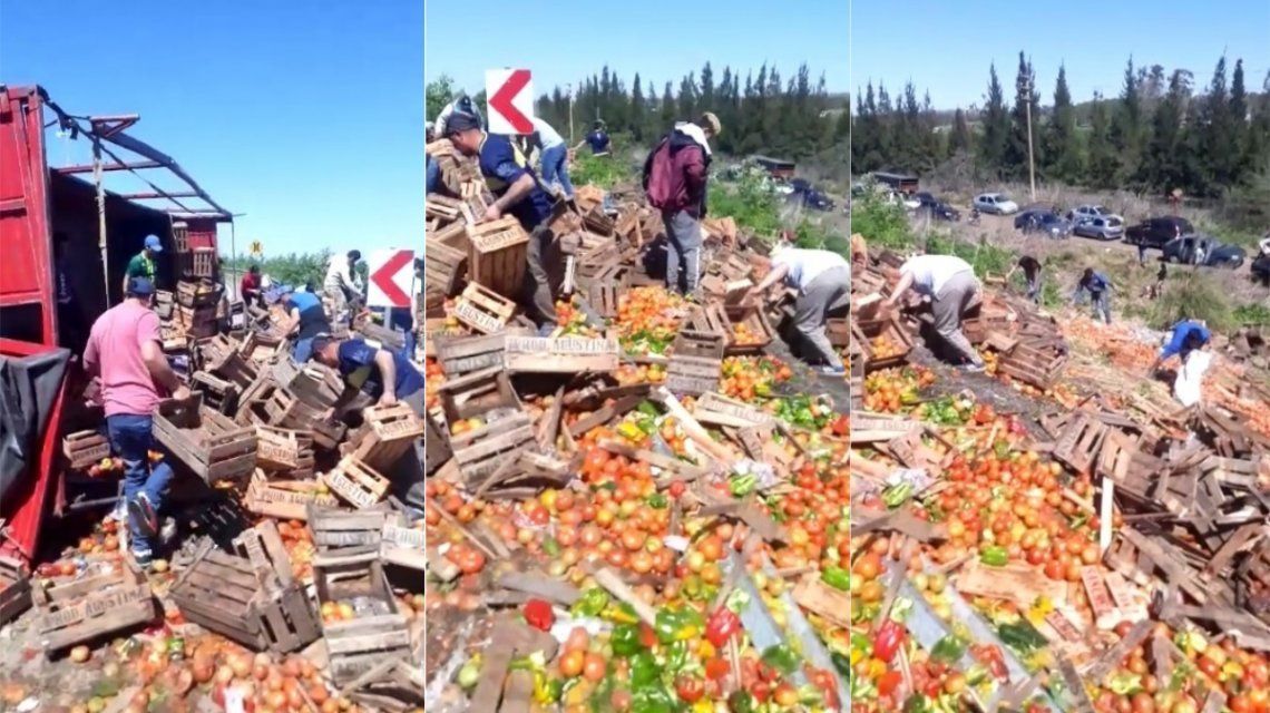 Volcó un camión con verduras en la Ruta 6 y lo saquearon los vecinos