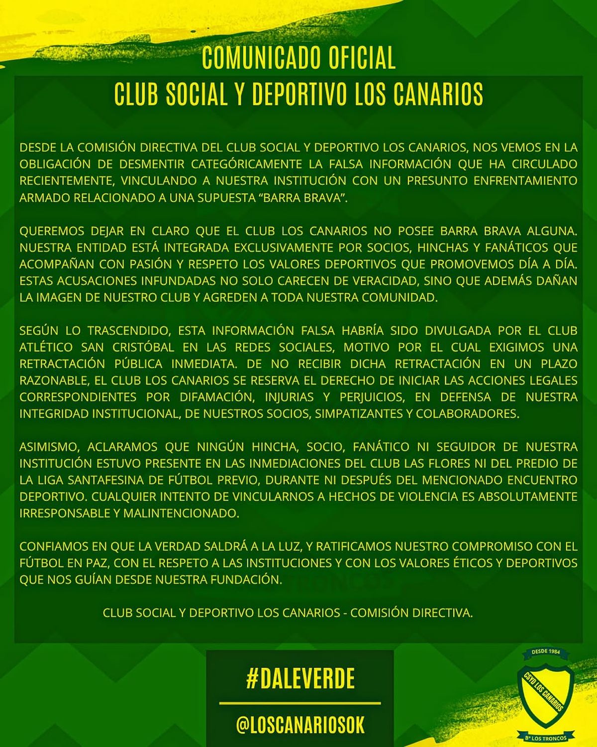 El comunicado del club social y deportivo Los Canarios. El comunicado del club social y deportivo Los Canarios.