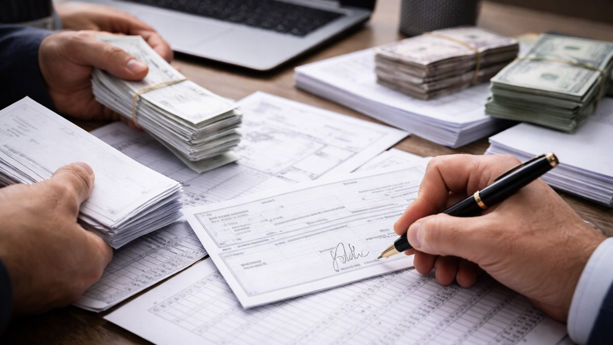 Cheques y documentación contable en una escena que ilustra la mecánica de la estafa investigada. Imagen generada con inteligencia artificial.