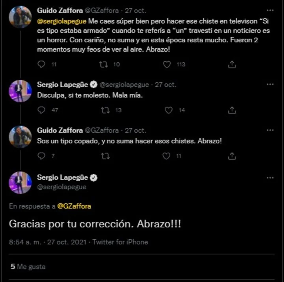 El cruce de Sergio Lapeg&uuml;e y Guido Z&aacute;ffora en Twitter.