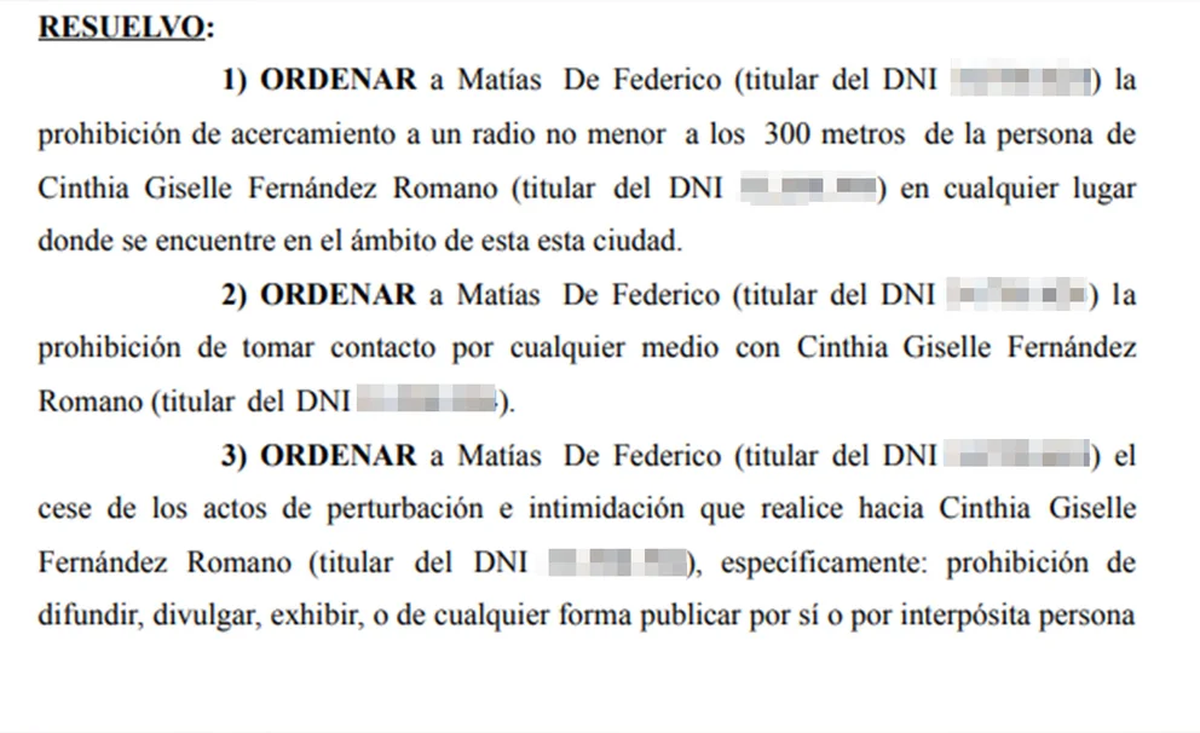 Matías Defederico no puede contactar a Cinthia Fernández o acercarse a menos de 300 metros de ella.