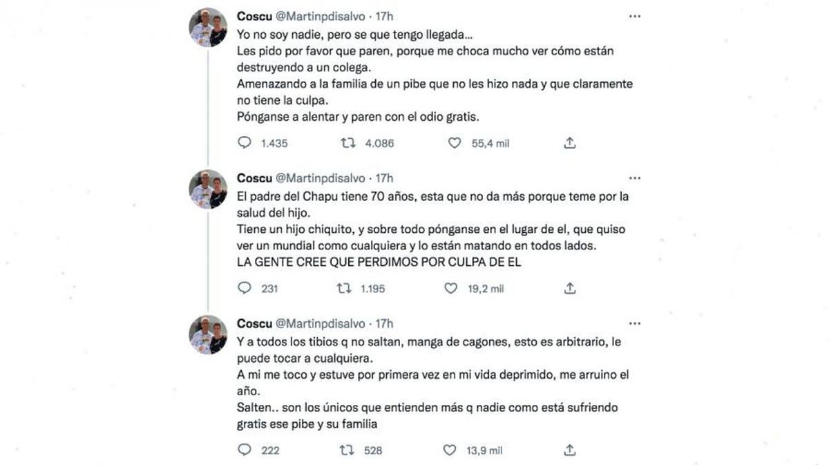 Coscu compartió en su cuenta de Twitter una serie de mensajes en defensa del Chapu.