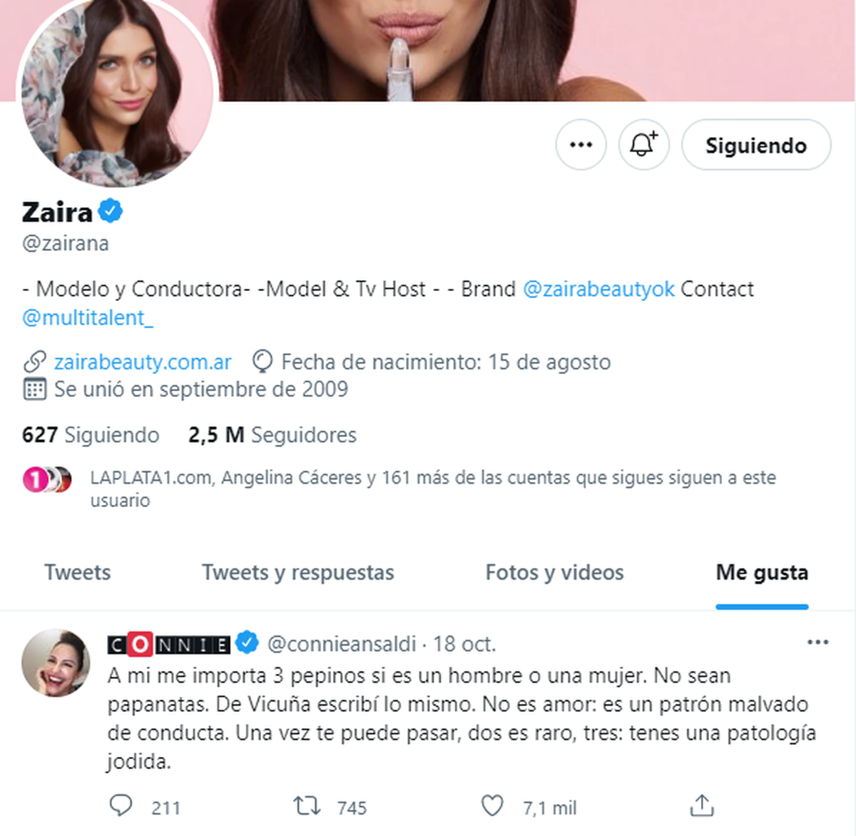Zaira Nara le dio su like a un tweet de Connie Ansaldi.