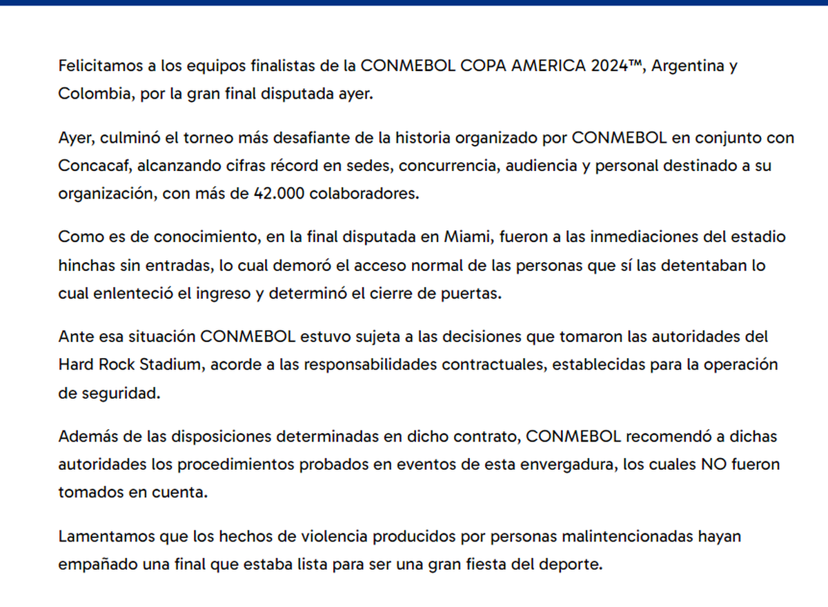 Comunicado completo de Conmebol. Comunicado completo de Conmebol.