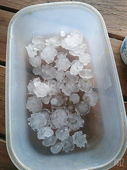 Oyentes compartieron con Aire de Santa Fe fotos de las piedras que cayeron en la mañana de este domingo en la zona rural de barrio Paprocki de Monte Vera.