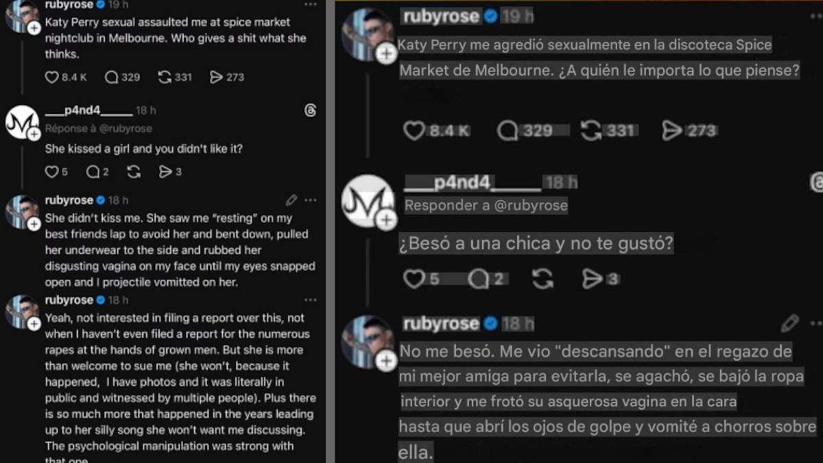 En publicaciones (ahora eliminadas) de Threads, Ruby Rose habló del supuesto abuso sexual que sufrió a manos de Katy Perry. En la imagen, la versión original y su traducción. En publicaciones (ahora eliminadas) de Threads, Ruby Rose habló del supuesto abuso sexual que sufrió a manos de Katy Perry. En la imagen, la versión original y su traducción.