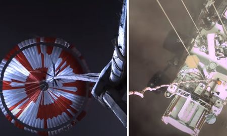 Izq: el paracaídas del rover abierto en el descenso, desde la cámara del rover. Der: el rover bajando en Marte. La tierra se levanta por el viento que generan los retrocohetes. Izq: el paracaídas del rover abierto en el descenso, desde la cámara del rover. Der: el rover bajando en Marte. La tierra se levanta por el viento que generan los retrocohetes.