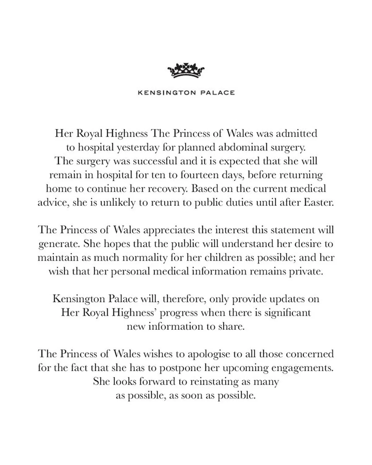 El primer comunicado emitido por el Palacio de Kensington sobre la salud de Kate Middleton: la Princesa había sido intervenida quirúrgicamente en una cirugía planeada. El primer comunicado emitido por el Palacio de Kensington sobre la salud de Kate Middleton: la Princesa había sido intervenida quirúrgicamente en una cirugía planeada.