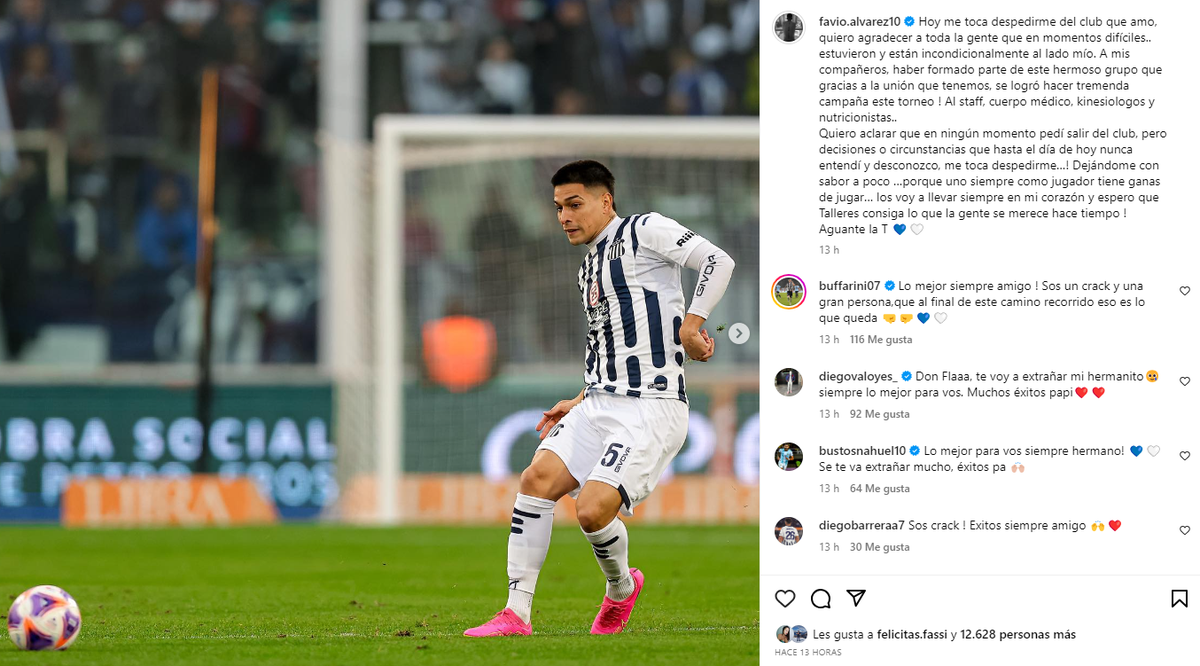 El mensaje de Favio Álvarez en su cuenta de Instagram. El mensaje de Favio Álvarez en su cuenta de Instagram.