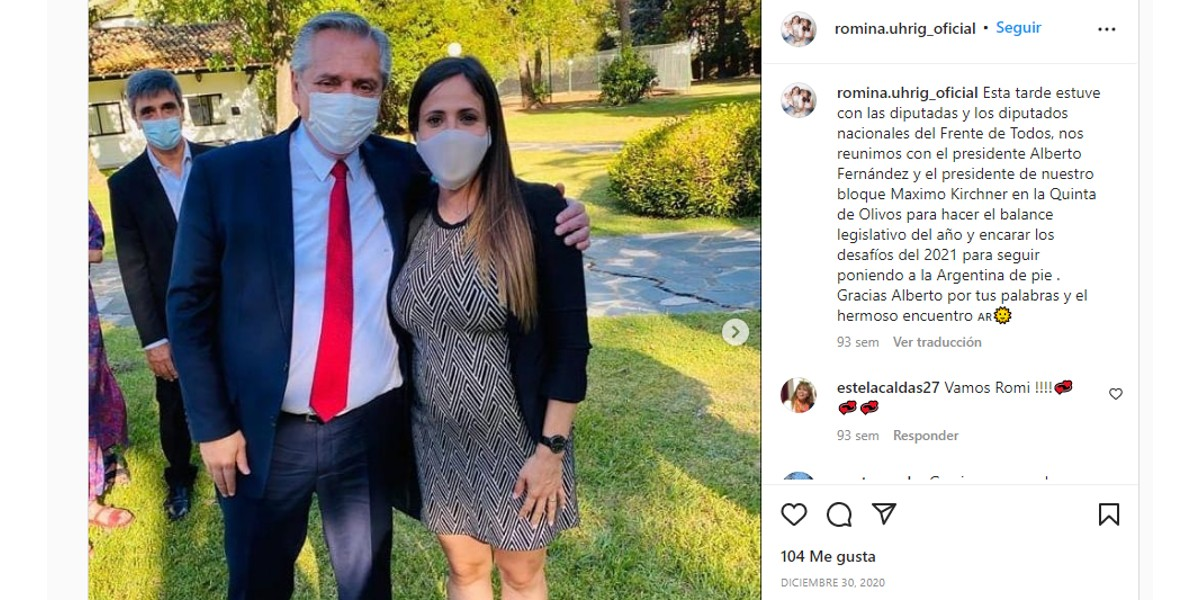 Romina Uhrig recalca que solo se reunió con Alberto Fernández siguiendo las restricciones y nunca estuvo con él a solas. Romina Uhrig recalca que solo se reunió con Alberto Fernández siguiendo las restricciones y nunca estuvo con él a solas.