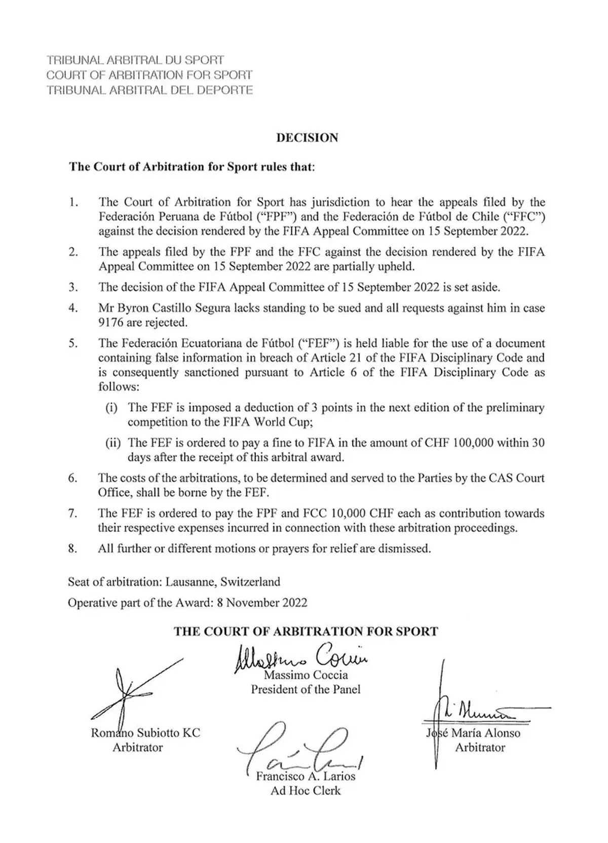 El fallo del TAS sobre el caso Byron Castillo.