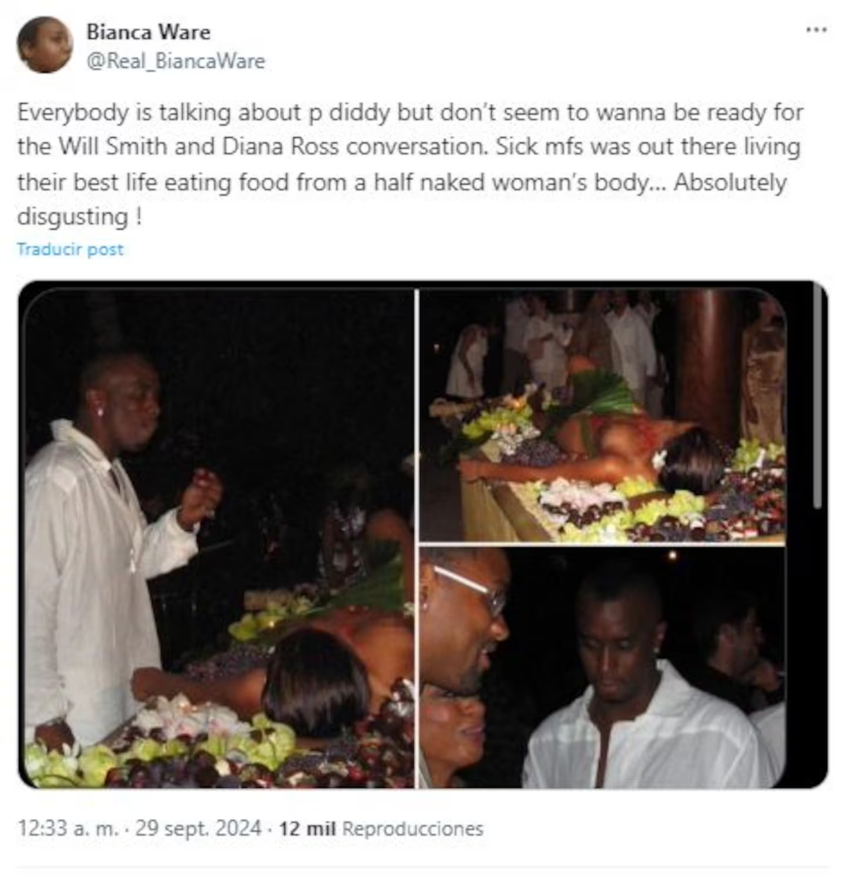 Diddy, en diferentes momentos de la fiesta salvaje que organizó en la que había mujeres desnudas en bandejas con comida. (Foto: X/Real_BiancaWare)