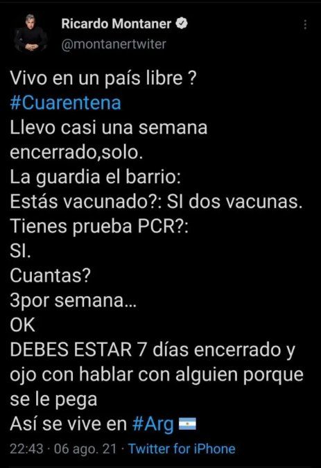 Ricardo Montaner apuntó contra las restricciones del gobierno por el aislamiento.