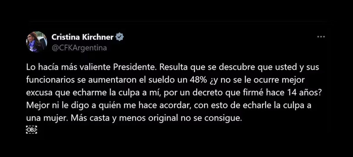 El posteo de CFK en respuesta al mensaje del presidente Javier Milei. El posteo de CFK en respuesta al mensaje del presidente Javier Milei.