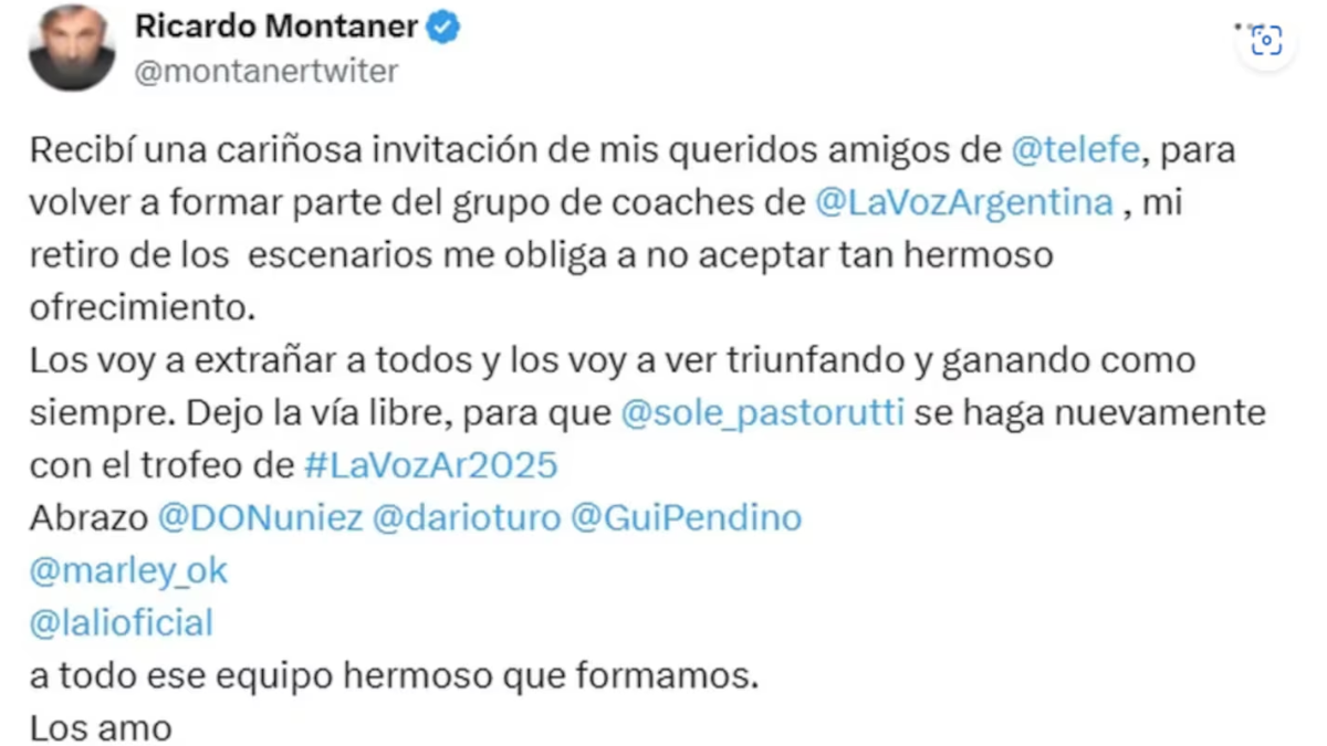 Ricardo Montaner decidió dar un paso al costado de La Voz Argentina. Ricardo Montaner decidió dar un paso al costado de La Voz Argentina.