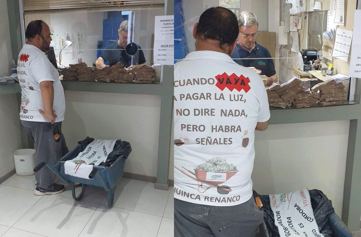 Córdoba: un carnicero fue a pagar una factura de $840 mil de luz con una carretilla cargada de plata