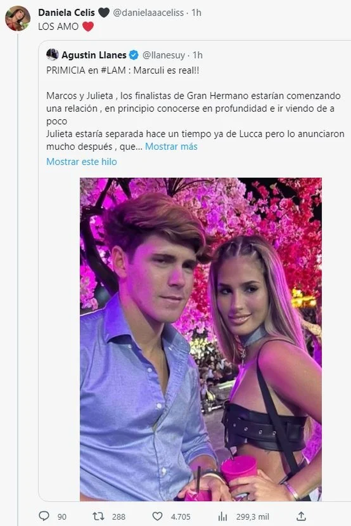 Daniela Celis reposteó una noticia que confirma el romance de Julieta Poggio y Marcos Ginocchio.