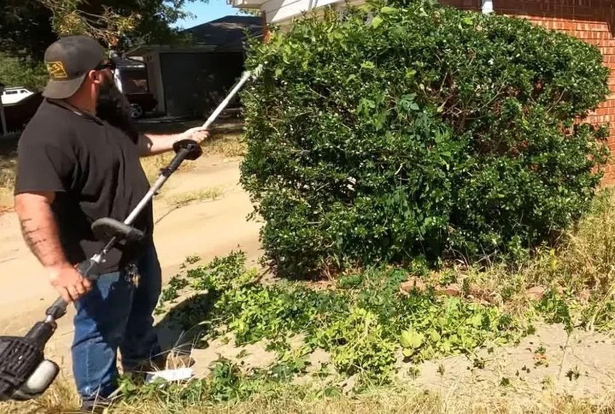 Trabajo. Cortó arbustos de la entrada de la residencia. Foto: captura/YouTube " Lawn Care Juggernaut".