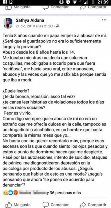 El posteo que hizo la joven en el que denunció públicamente los abusos de su padre. 