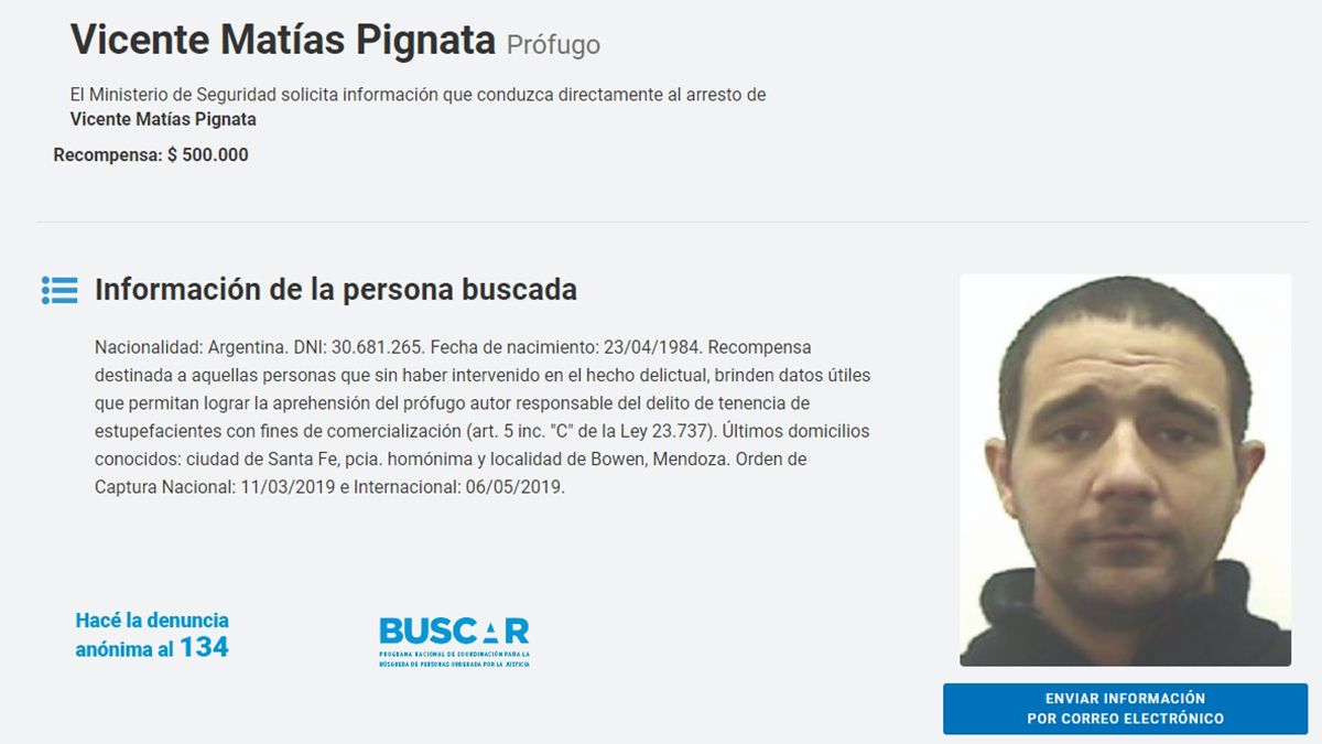 Por Pignata el Ministerio de Seguridad ofrece 500 mil pesos a quien aporte datos para poder localizarlo.&nbsp;