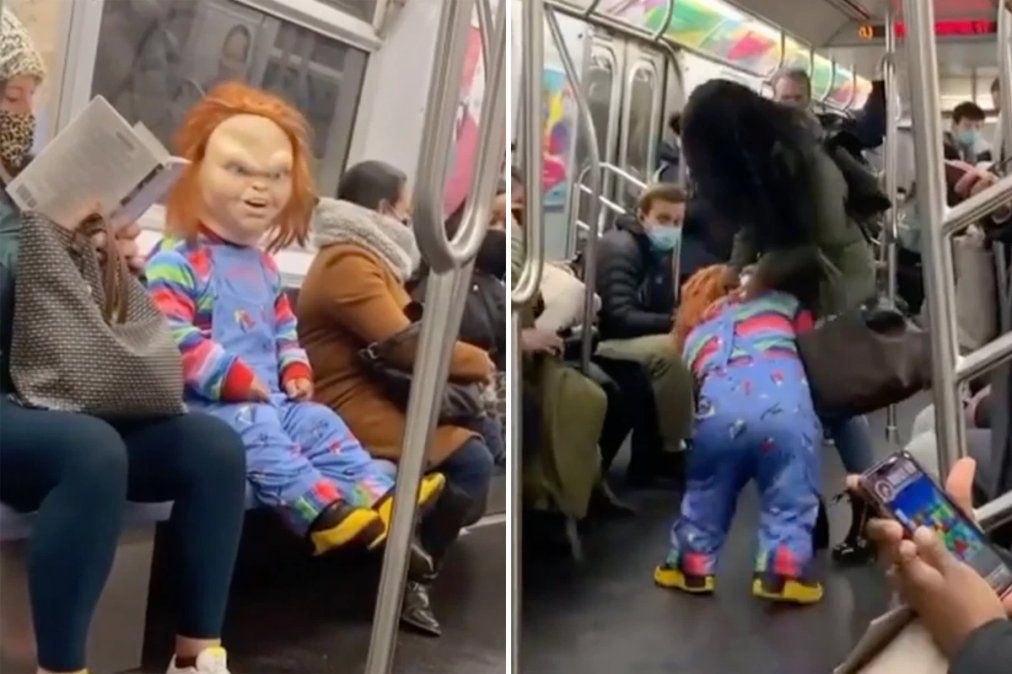 El muñeco diabólico Chucky ataca a la gente que viaja en subte sin barbijo