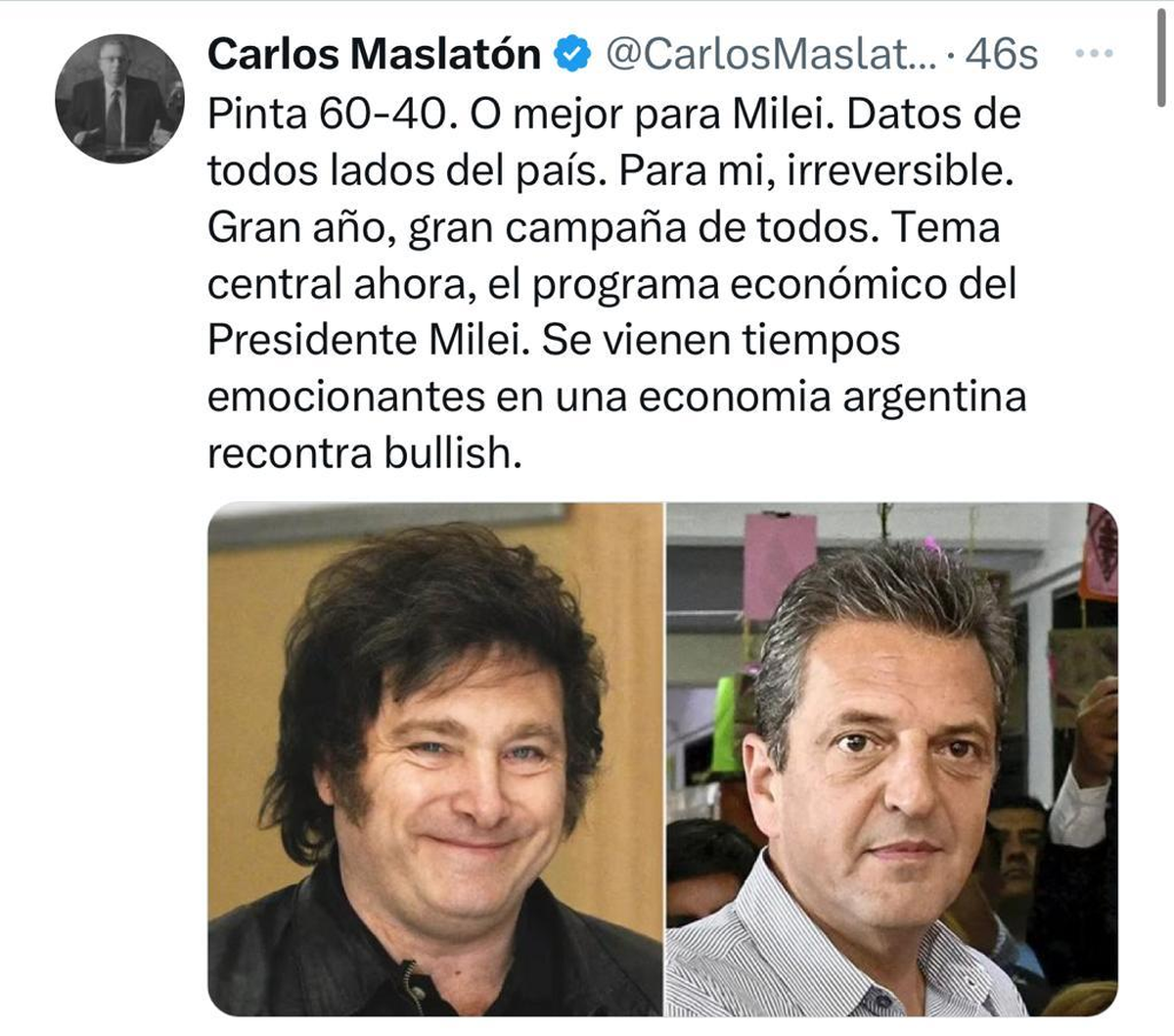 Carlos Maslatón predijo la victoria de Javier Milei en el balotaje 2023. Carlos Maslatón predijo la victoria de Javier Milei en el balotaje 2023.