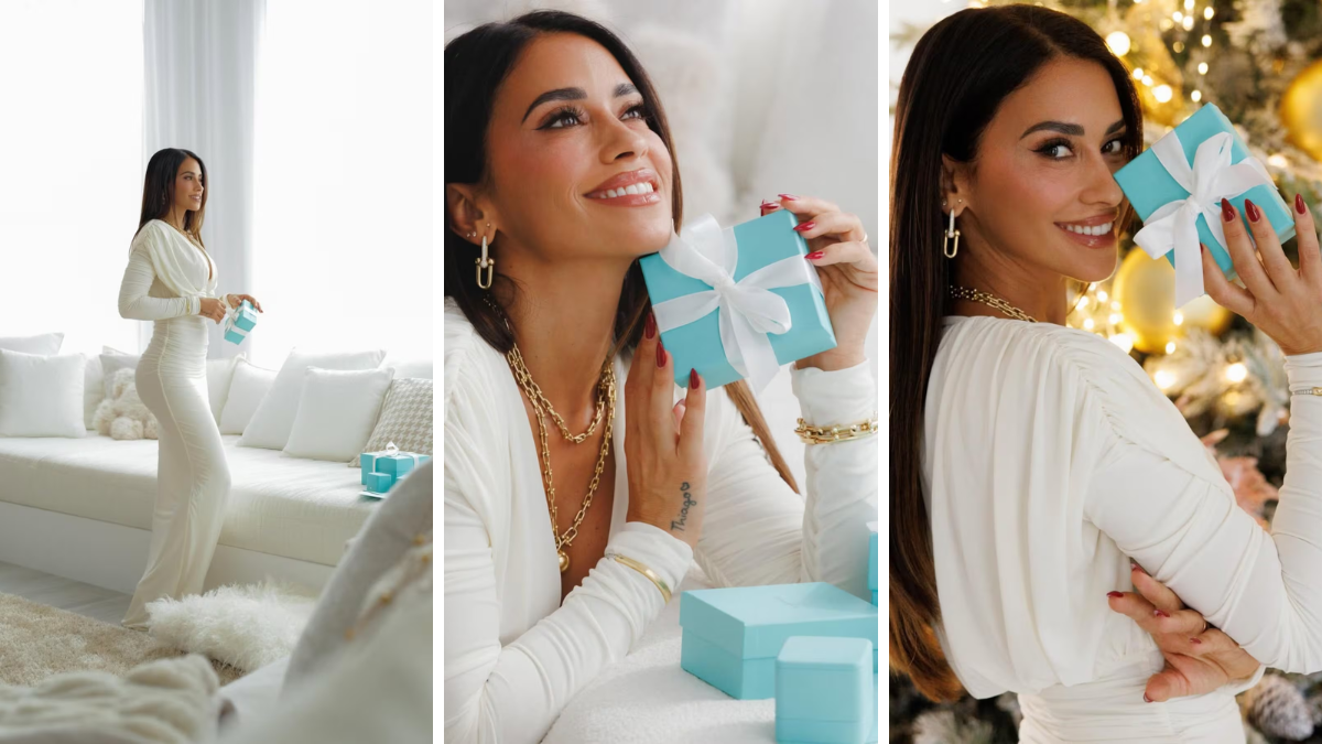 Antonela Roccuzzo anticipó la Navidad con un vestido blanco y joyas de oro de Tiffany